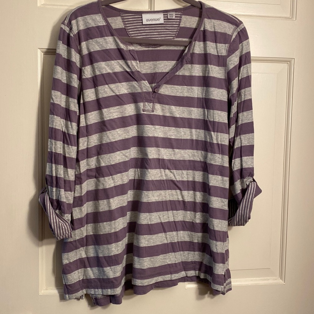 Avenue 3/4 Sleeve Top, Purple and Gray Striped, 18/20
